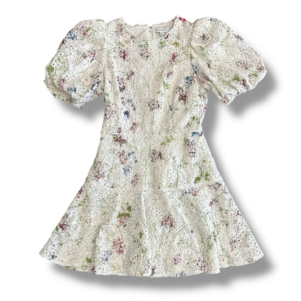 Gianni Bini Women’s Floral Eyelet‎ Puff Sleeve Mini Dress White Size 4 Lined